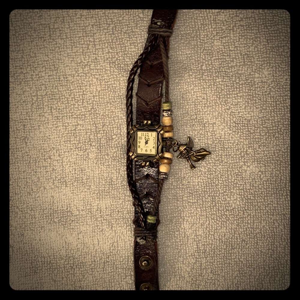 Brown Leather Wrap Bracelet Watch with Bead Accents
